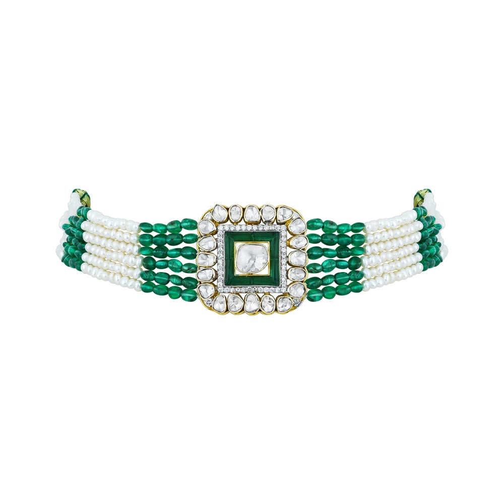 Polki Choker with Green Talaf, Emerald and Pearl Strands